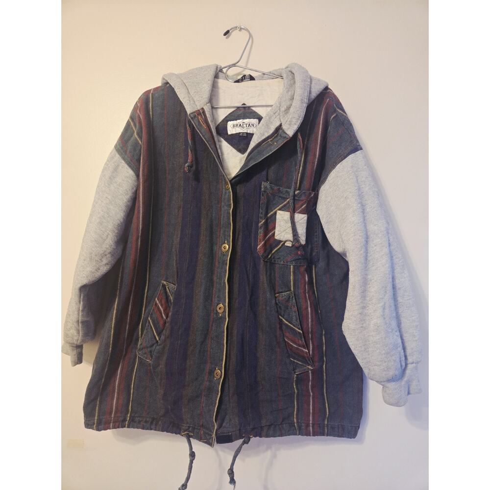 VTG 90's Striped Hooded Sweatshirt Braetan Egypt Woven Multicolor Button Up L XL
